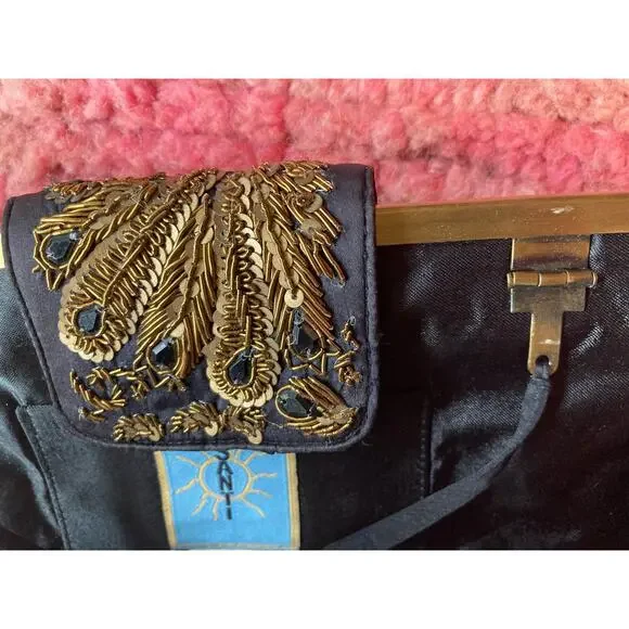 Santi Beaded Clutch Evening Bag Satin + Ornate Gold & Black Beading ~ Lovely - Picture 7 of 9